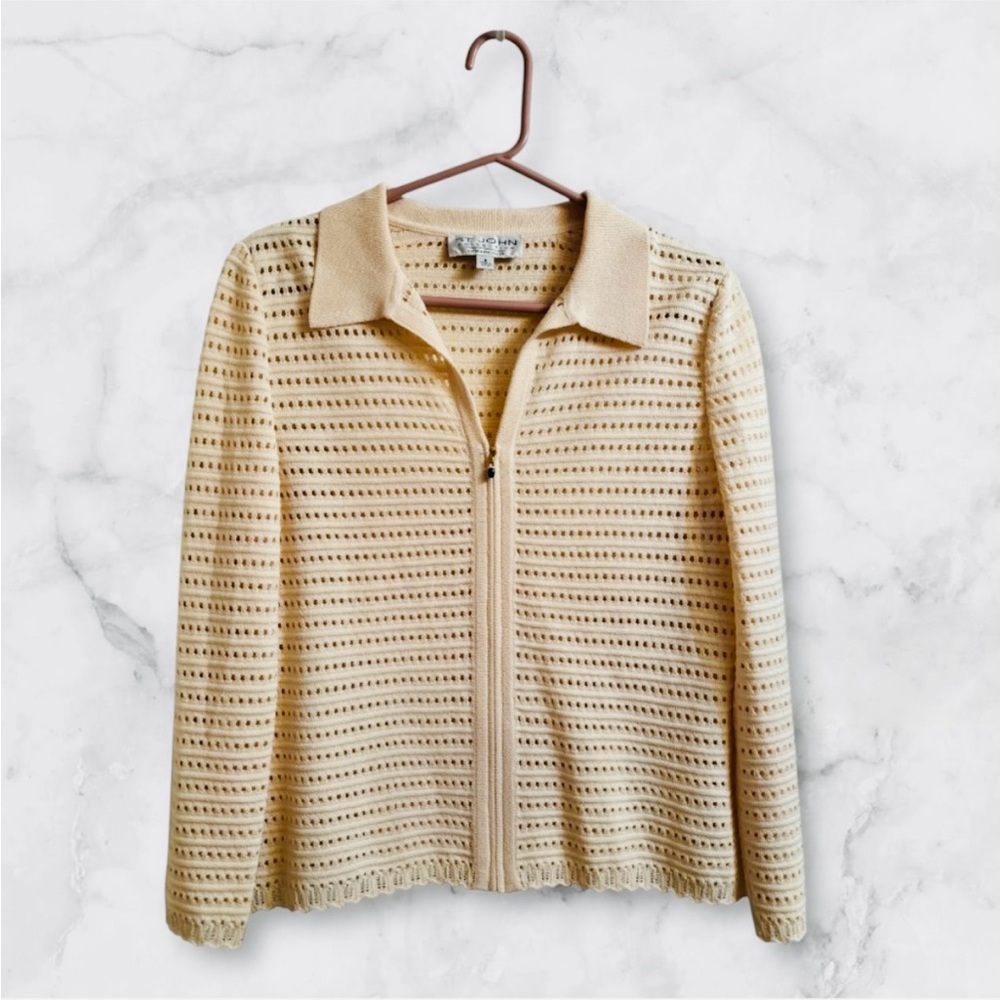 Vintage ST JOHN COLLECTION BY MARIE GRAY Zip up CARDIGAN Knit Sweater Cream